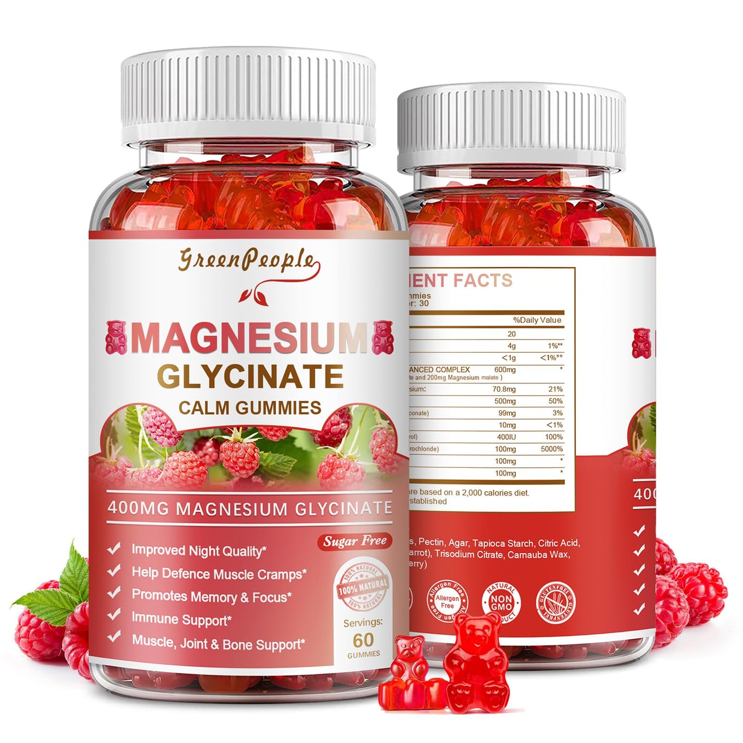 GREENPEOPLE Magnesium Glycinate Gummies 400mg — Sugar Free Raspberry Flavor, Vitamin D & B6 for Calm Support