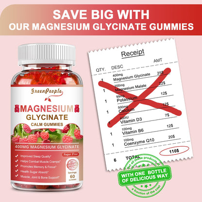 GREENPEOPLE Magnesium Glycinate Gummies 400mg — Sugar Free Raspberry Flavor, Vitamin D & B6 for Calm Support