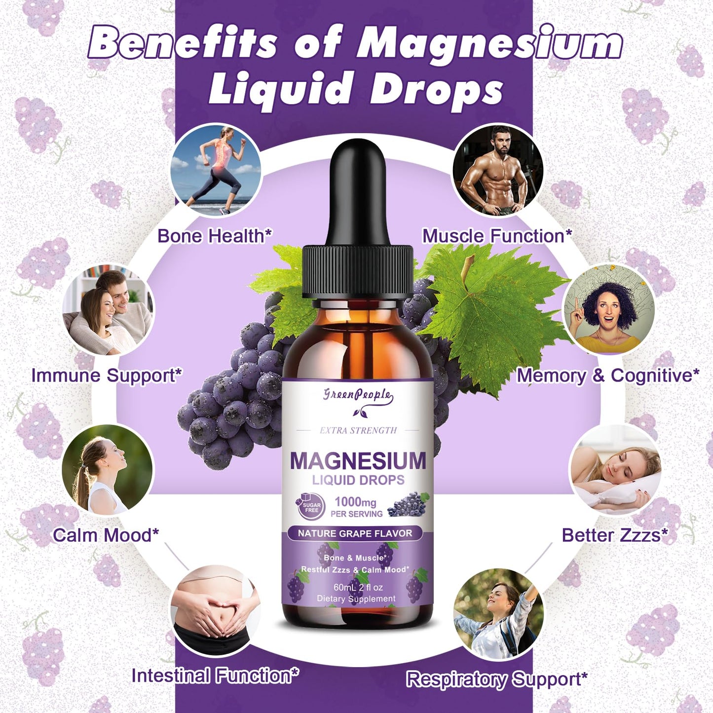 GREENPEOPLE Magnesium Glycinate Liquid Drops 1000mg – 5-in-1 High Absorption for Sleep, D3/K2/B6, 2 fl oz (2 Pack)
