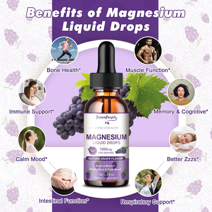 GREENPEOPLE Magnesium Glycinate Liquid Drops 1000mg – 5-in-1 High Absorption for Sleep, D3/K2/B6, 2 fl oz (2 Pack)