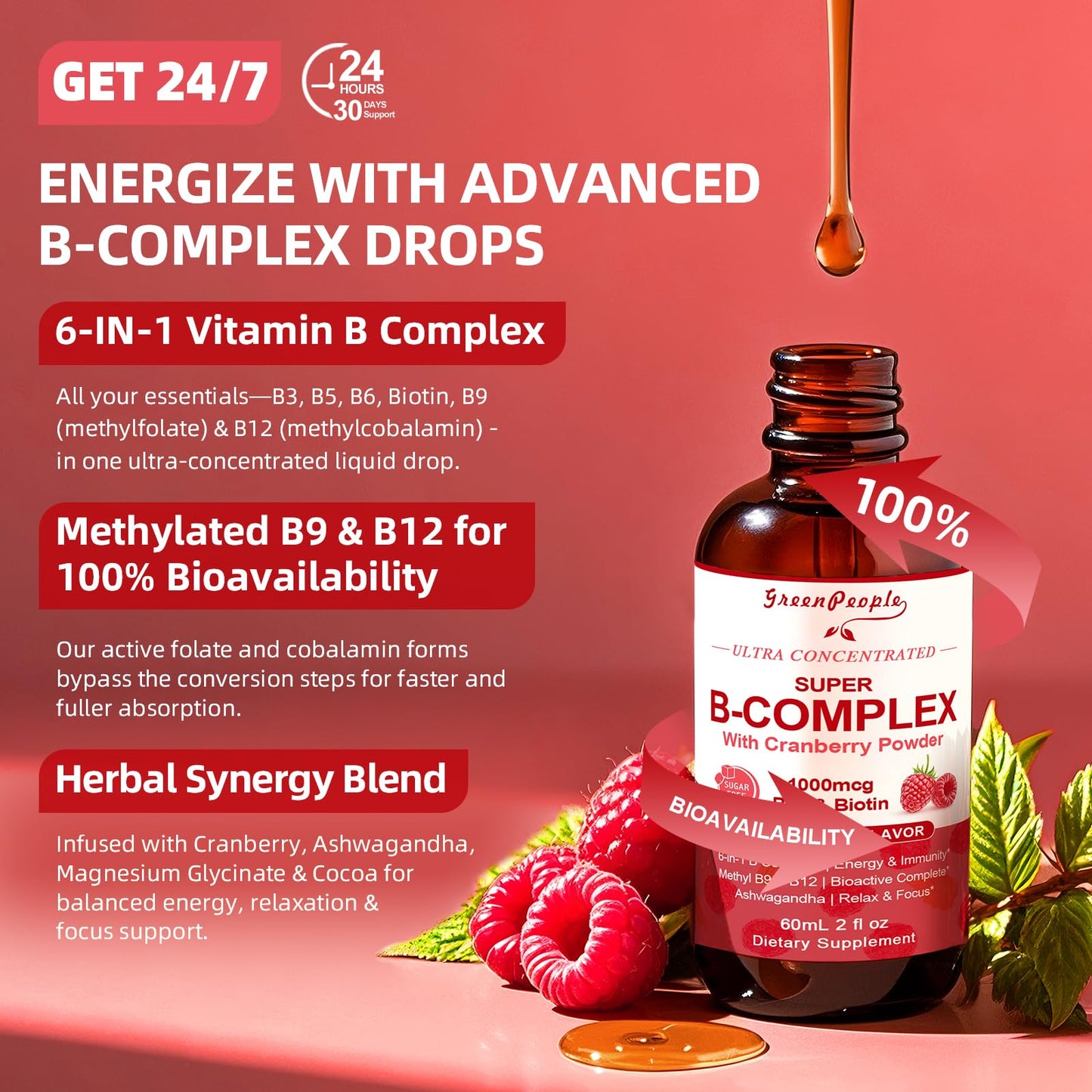GREENPEOPLE Methylated B Complex | Methyl B12 & L-Methyl Folate | Energy, Immunity & Cognitive Support | Vegan, 2 fl oz, 2 Pack