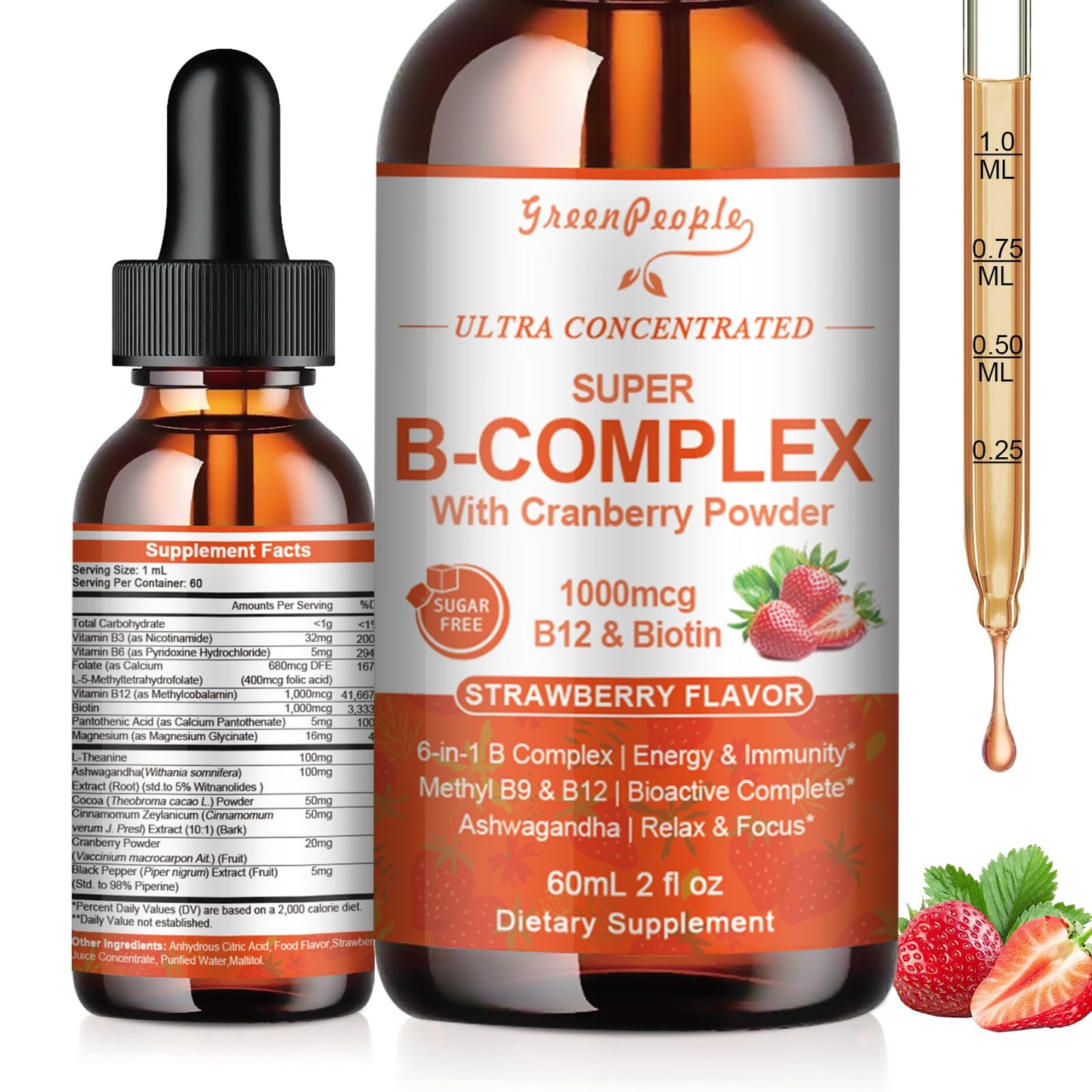 GREENPEOPLE Methylated B Complex – 6-in-1 Vegan B Vitamins with Mg, Ashwagandha & L-Theanine | Energy, Immunity & Focus | 2-Pack (2 fl oz each)