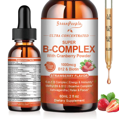 GREENPEOPLE Methylated B Complex – 6-in-1 Vegan B Vitamins with Mg, Ashwagandha & L-Theanine | Energy, Immunity & Focus | 2-Pack (2 fl oz each)