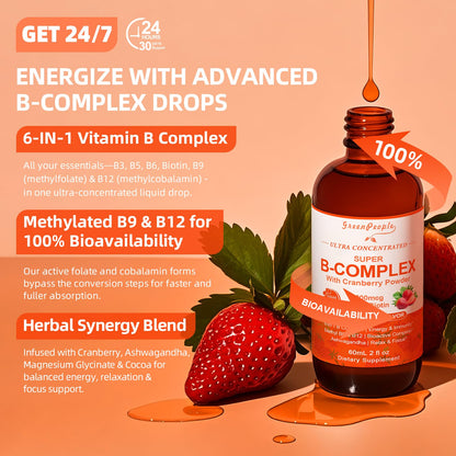 GREENPEOPLE Methylated B Complex – 6-in-1 Vegan B Vitamins with Mg, Ashwagandha & L-Theanine | Energy, Immunity & Focus | 2-Pack (2 fl oz each)