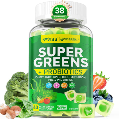 Organic Super Greens Gummies + Probiotics – Spirulina, Chlorella, Spinach, Mushrooms, Sugar Free Vegan 60ct