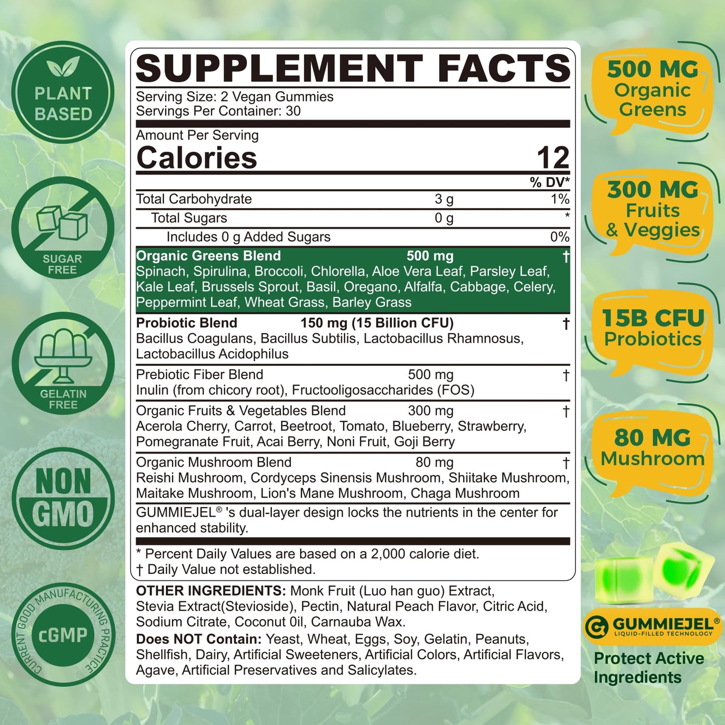 Organic Super Greens Gummies + Probiotics – Spirulina, Chlorella, Spinach, Mushrooms, Sugar Free Vegan 60ct