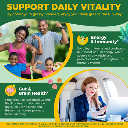 Organic Super Greens Gummies + Probiotics – Spirulina, Chlorella, Spinach, Mushrooms, Sugar Free Vegan 60ct