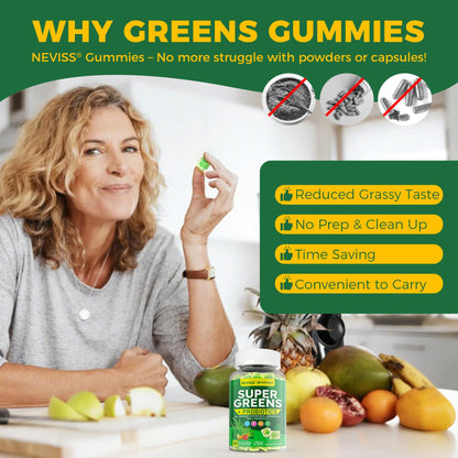 Organic Super Greens Gummies + Probiotics – Spirulina, Chlorella, Spinach, Mushrooms, Sugar Free Vegan 60ct
