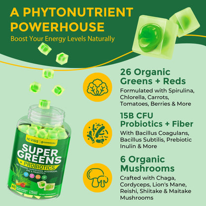 Organic Super Greens Gummies + Probiotics – Spirulina, Chlorella, Spinach, Mushrooms, Sugar Free Vegan 60ct