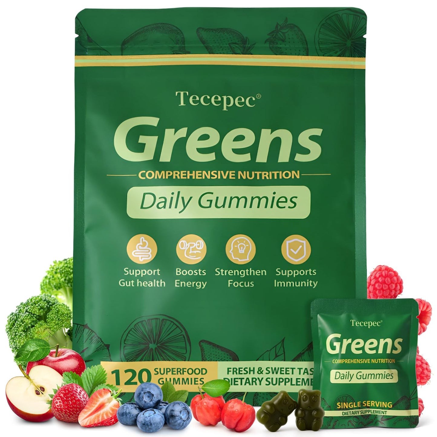 Greens Daily Gummies – Superfood Greens Multivitamin for Digestive Health & Immune Support | Non-GMO, 120 Count