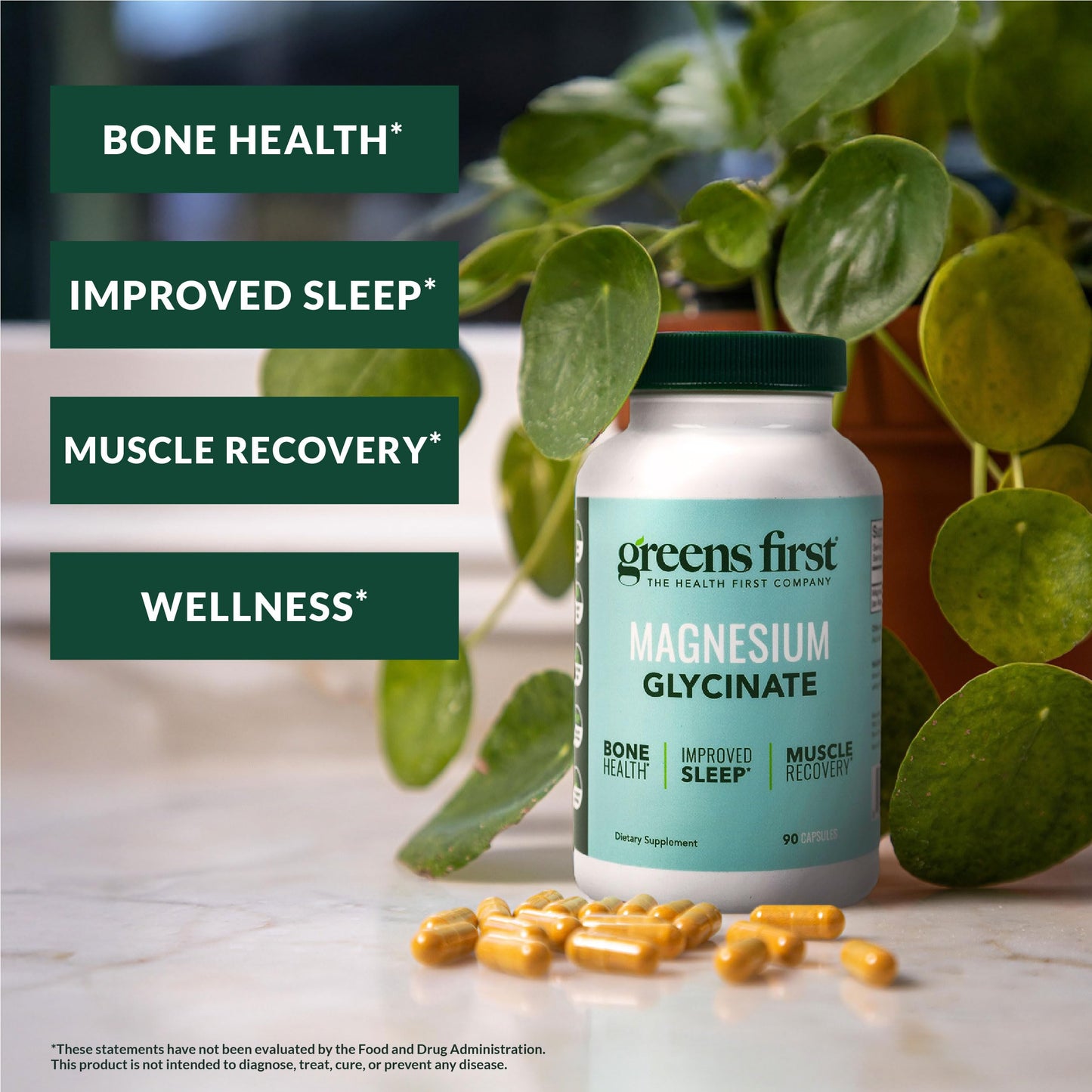 Greens First Magnesium Glycinate - Supports Heart & Muscle Health, Metabolism | 90 Veg Capsules