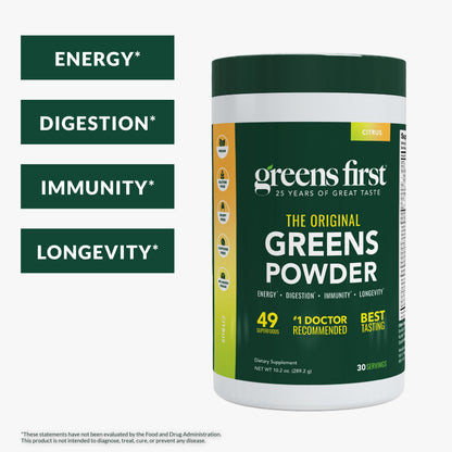 Greens First Original Greens Powder - 49 Superfoods, Prebiotics & Probiotics, Citrus, 30 Servings