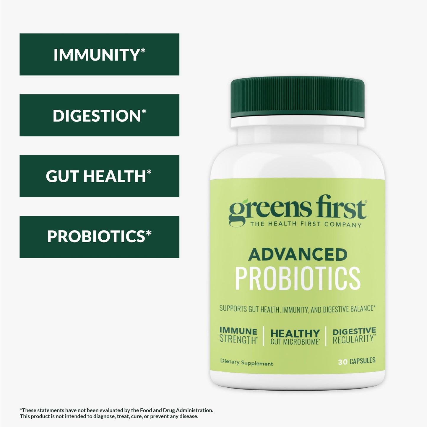 Greens First Probiotics - 20 Billion CFU, FOS Soluble Fiber - Gut Health, Skin Support - 30 Servings