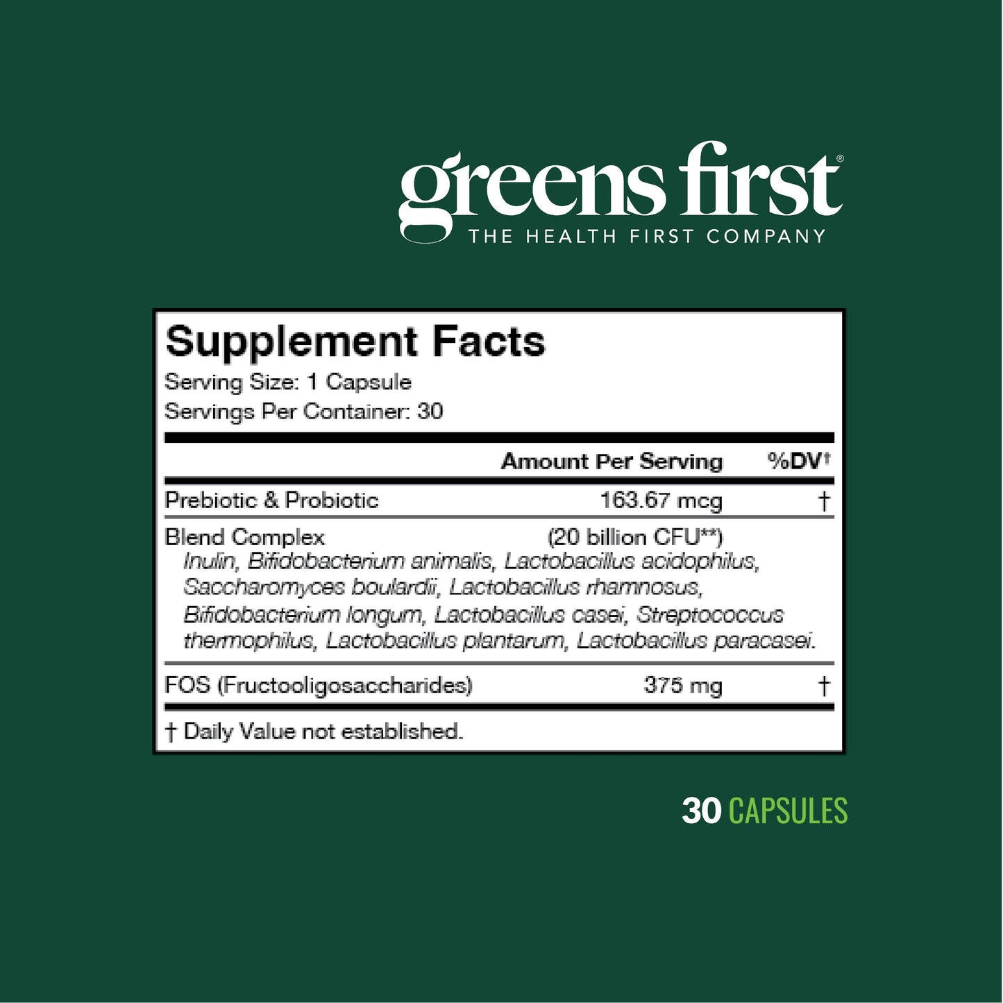 Greens First Probiotics - 20 Billion CFU, FOS Soluble Fiber - Gut Health, Skin Support - 30 Servings