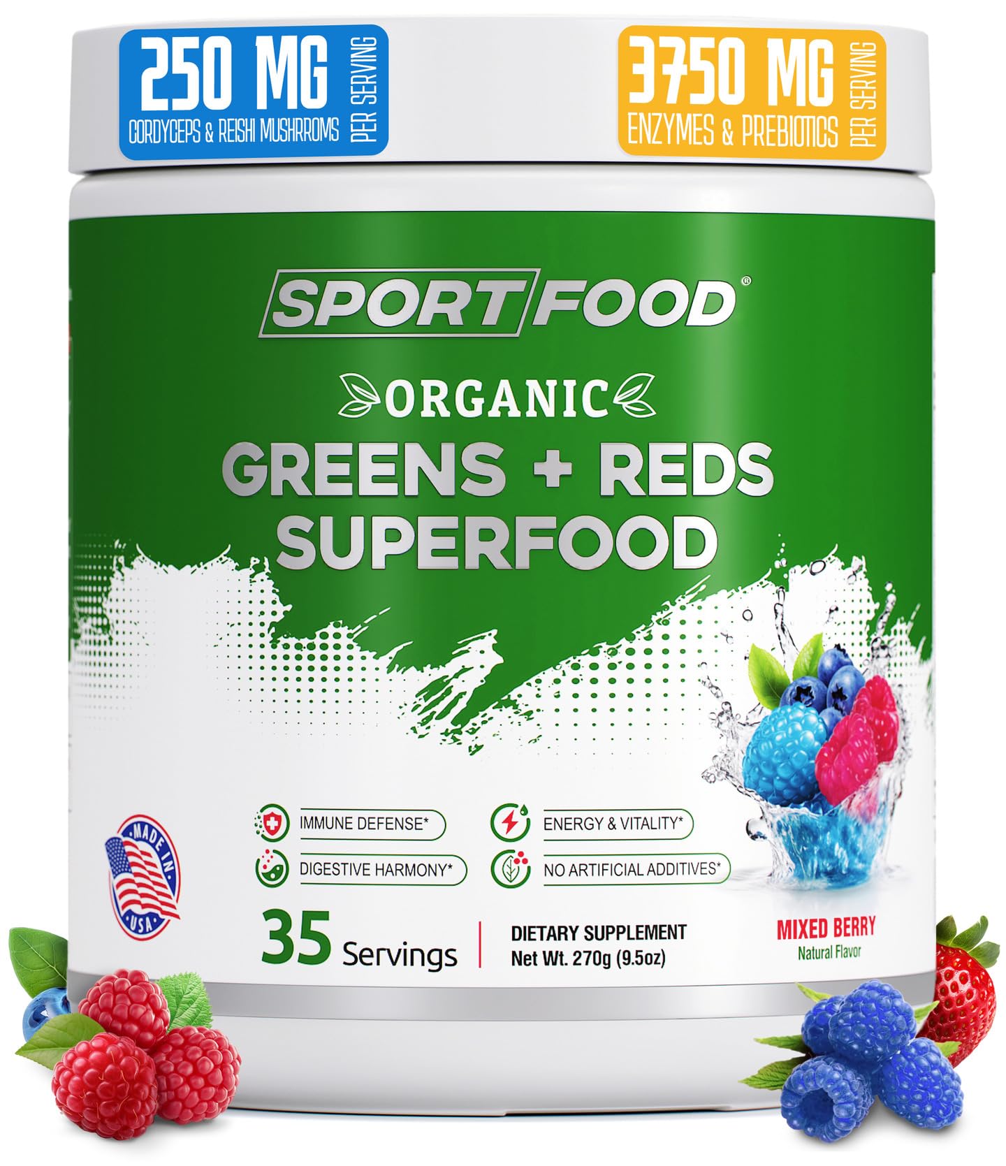 Sport Food Greens & Reds Superfood Powder – Mixed Berry (35 Servings) | 25+ Super Fruits & Veggies
