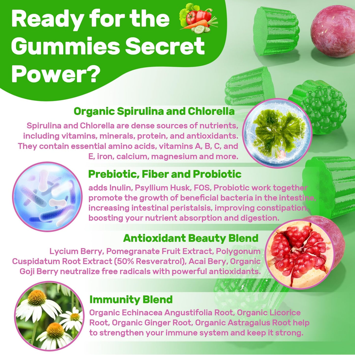 Super Greens Gummies – Spirulina & Chlorella with Probiotics & Prebiotic Fiber (60 Ct)