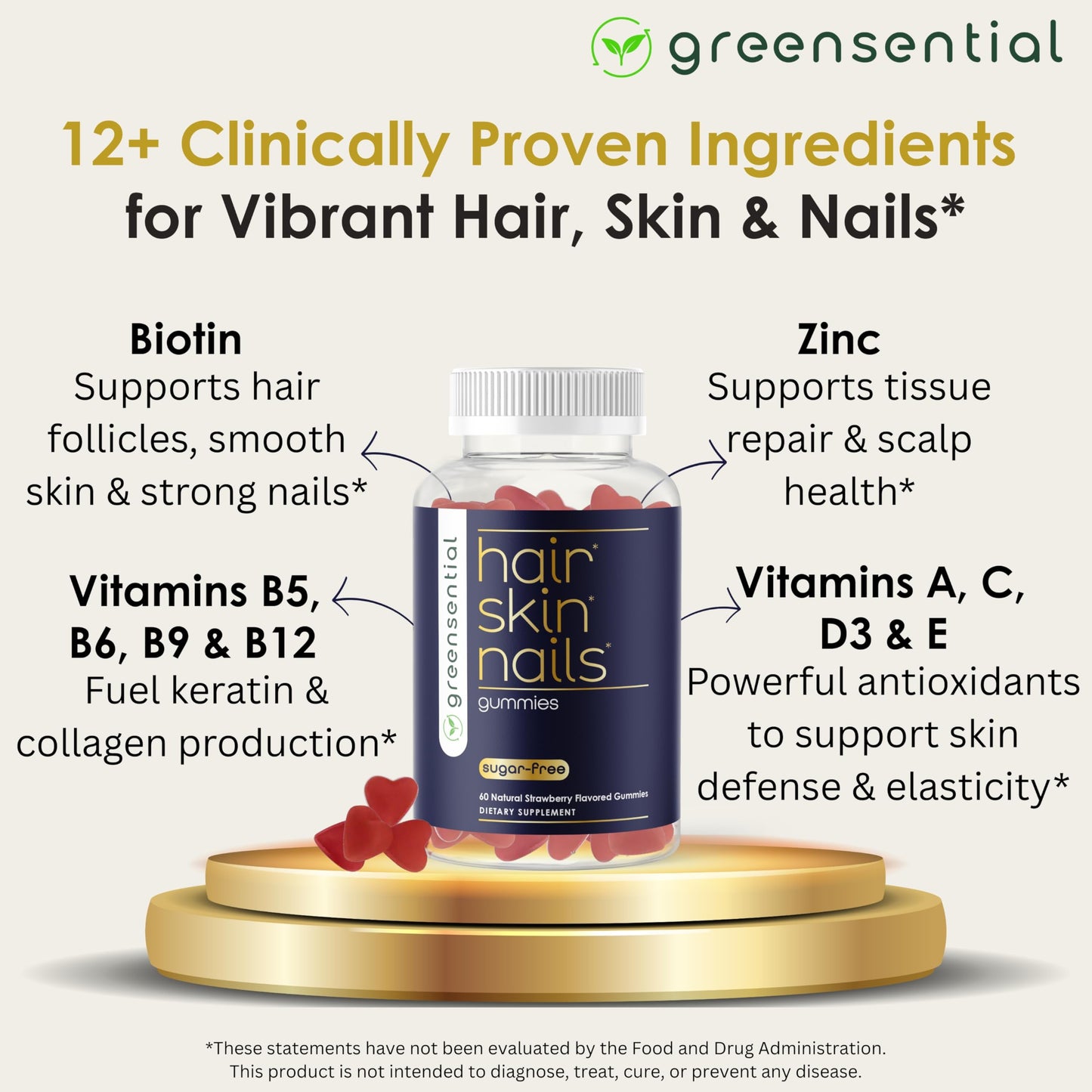 Greensential Sugar-Free Hair Skin Nails Gummies | 5,000 mcg Biotin | Vegetarian & Non-GMO | Made in USA