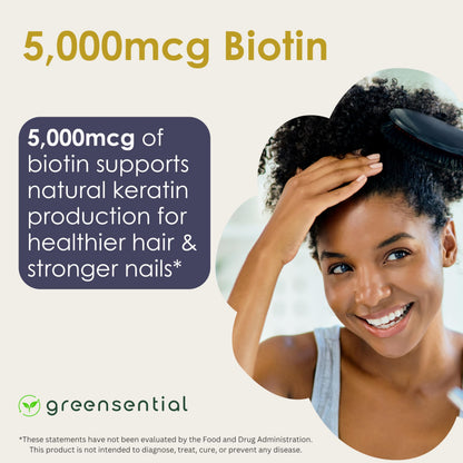 Greensential Sugar-Free Hair Skin Nails Gummies | 5,000 mcg Biotin | Vegetarian & Non-GMO | Made in USA