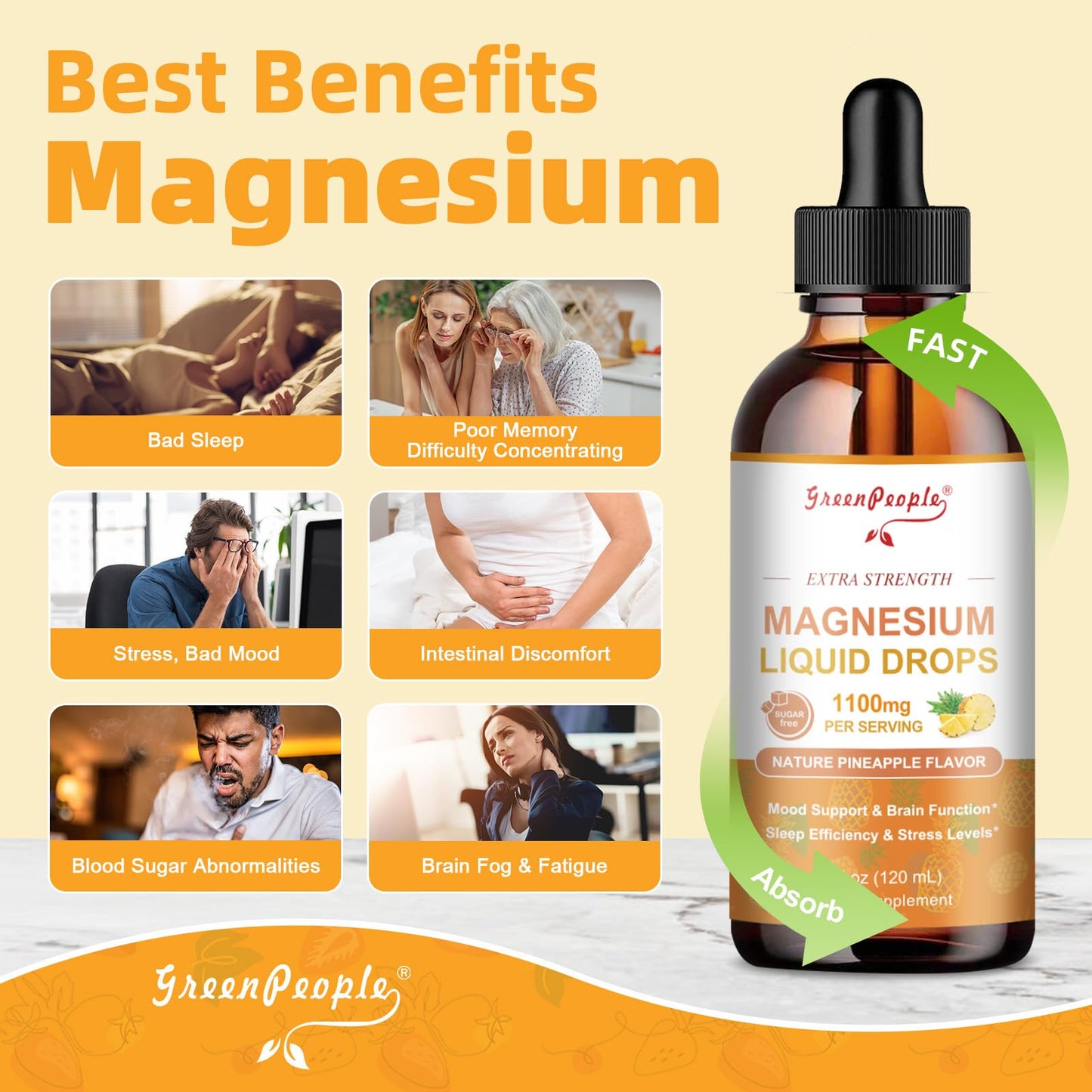 GREENPEOPLE 17-in-1 Magnesium Drops – Pineapple Flavor, 2 Pack, 4 oz