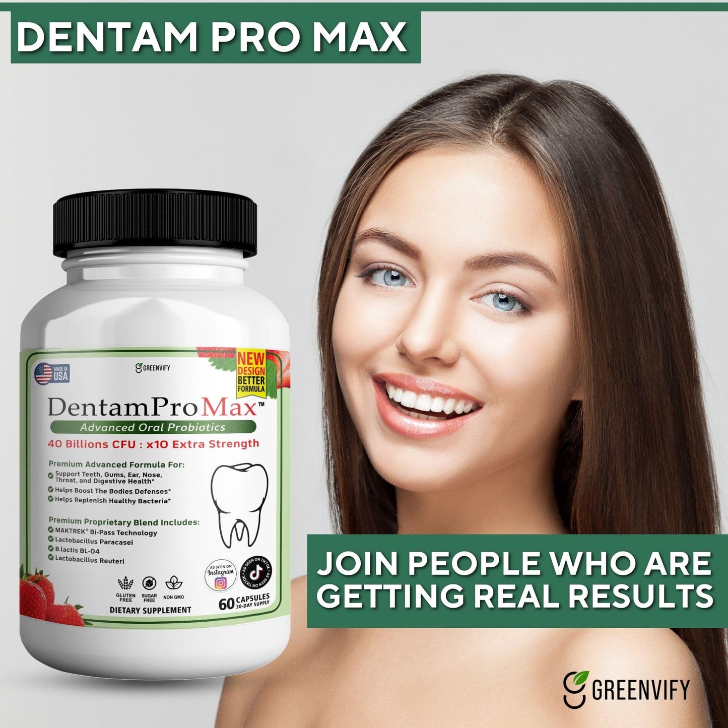 GREENVIFY DentamPro Max for Gums and Teeth Health & Fresh Breath - 40 Billion CFU Advanced Oral Probiotics for Mouth Bad Breath, Capsule Supplement (1)