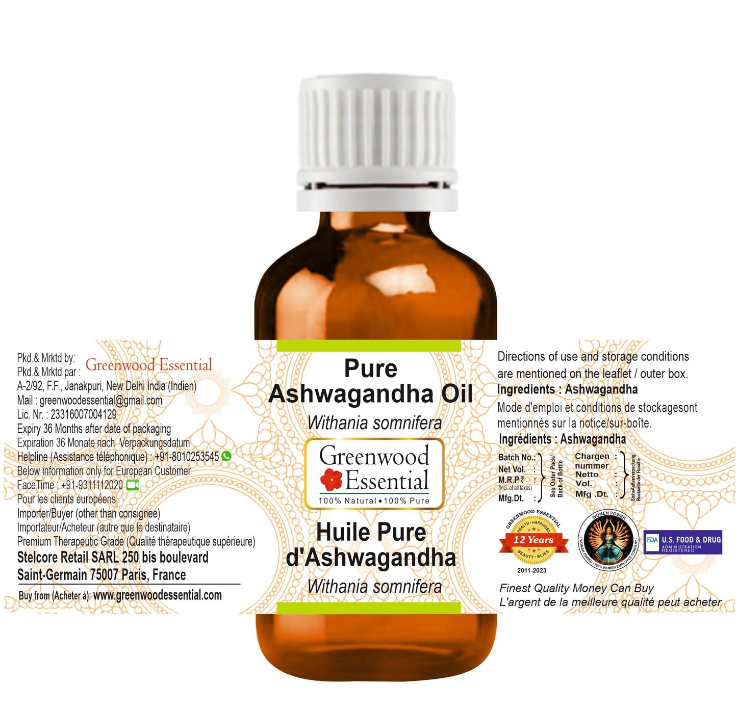 Greenwood Essential Ashwagandha Oil (Withania somnifera) – Pure, Lightweight Ayurvedic Massage Oil 15ml