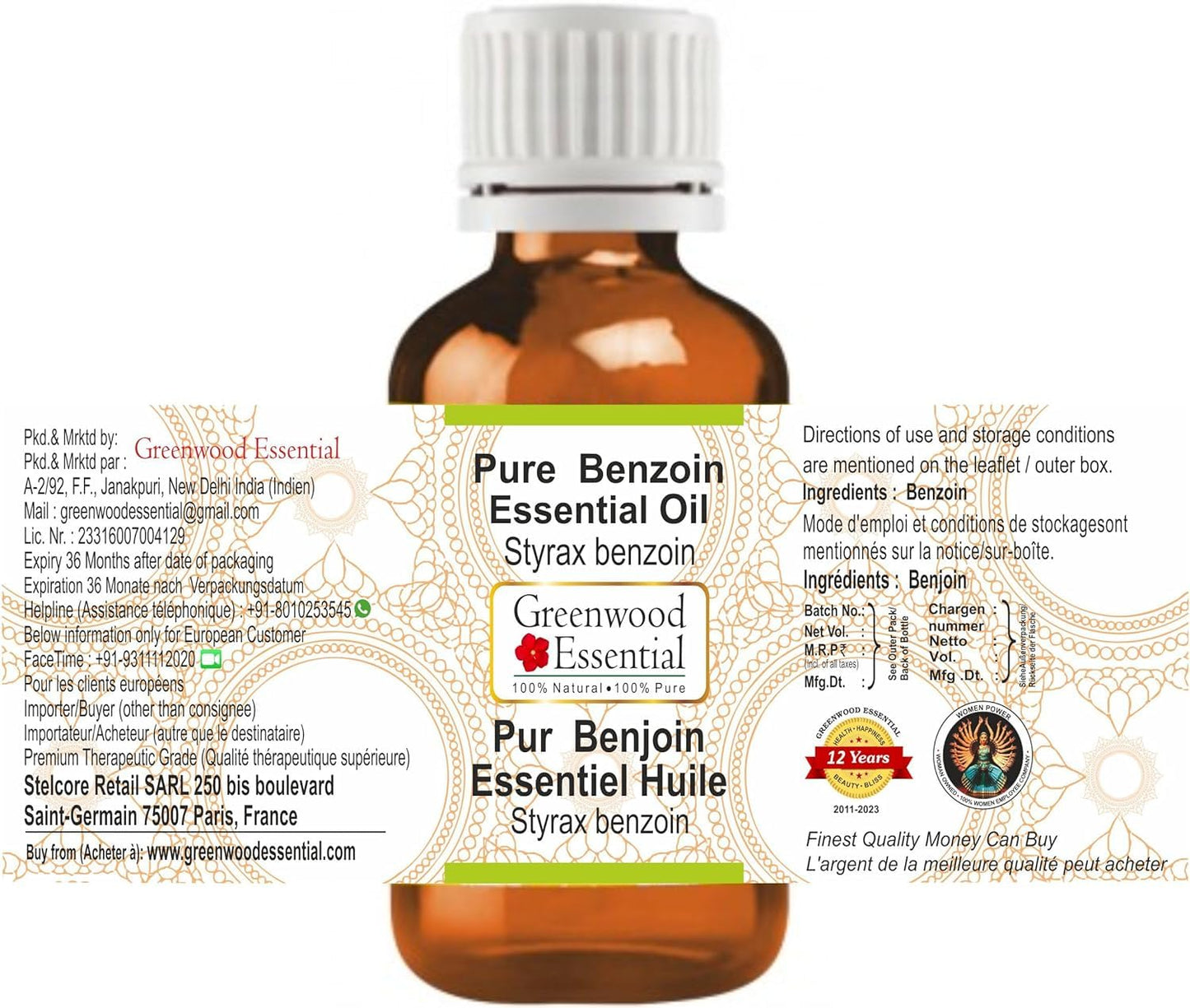Greenwood Essential Benzoin Essential Oil (Styrax Benzoin) — Pure, Steam-Distilled, 100ml × 2