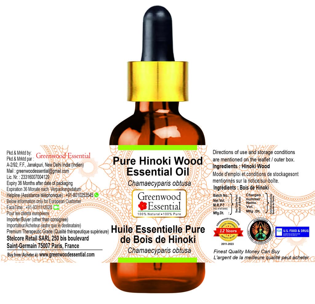 Greenwood Essential Hinoki Essential Oil (Chamaecyparis obtusa) with Glass Dropper – 5ml | Pure, Non-Greasy, Lightweight