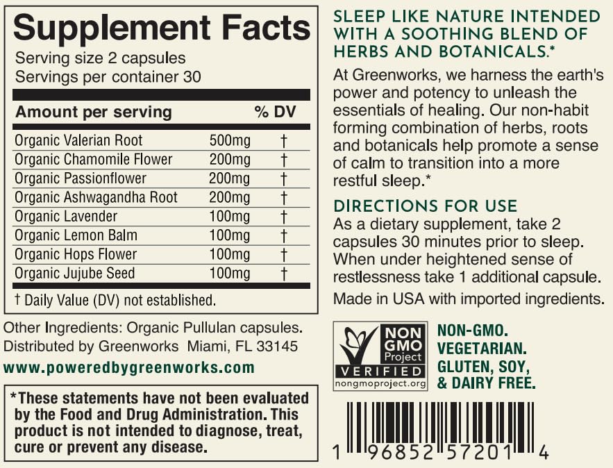 Greenworks Nature's Rest Melatonin-Free Sleep Aid | Organic Herbal Blend (60 Count)