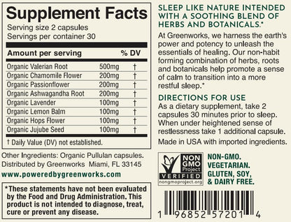 Greenworks Nature's Rest Melatonin-Free Sleep Aid | Organic Herbal Blend (60 Count)