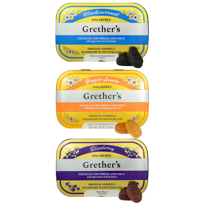 Grether's Sugarfree Pastilles Ginger Lemon, Blackcurrant & Blueberry – Dry Mouth Relief, Soothing Throat & Healthy Voice – 3 Pack