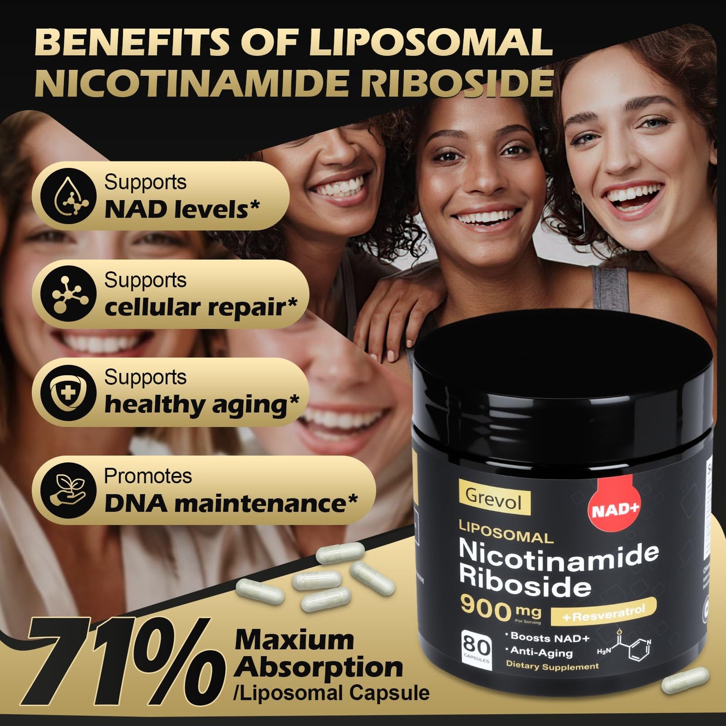 Grevol TureNAD Liposomal Nicotinamide Riboside with Resveratrol and Quercetin - 80 Capsules