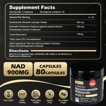 Grevol TureNAD Liposomal Nicotinamide Riboside with Resveratrol and Quercetin - 80 Capsules