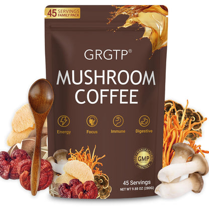 GRGTP Mushroom Coffee - 6 Adaptogens, Jitter-Free Energy, 45 Servings