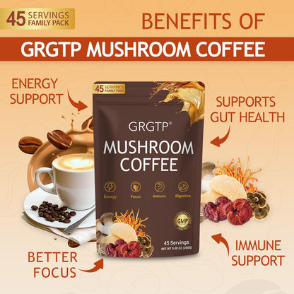 GRGTP Mushroom Coffee - 6 Adaptogens, Jitter-Free Energy, 45 Servings