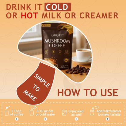 GRGTP Mushroom Coffee - 6 Adaptogens, Jitter-Free Energy, 45 Servings
