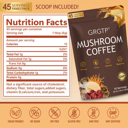 GRGTP Mushroom Coffee - 6 Adaptogens, Jitter-Free Energy, 45 Servings
