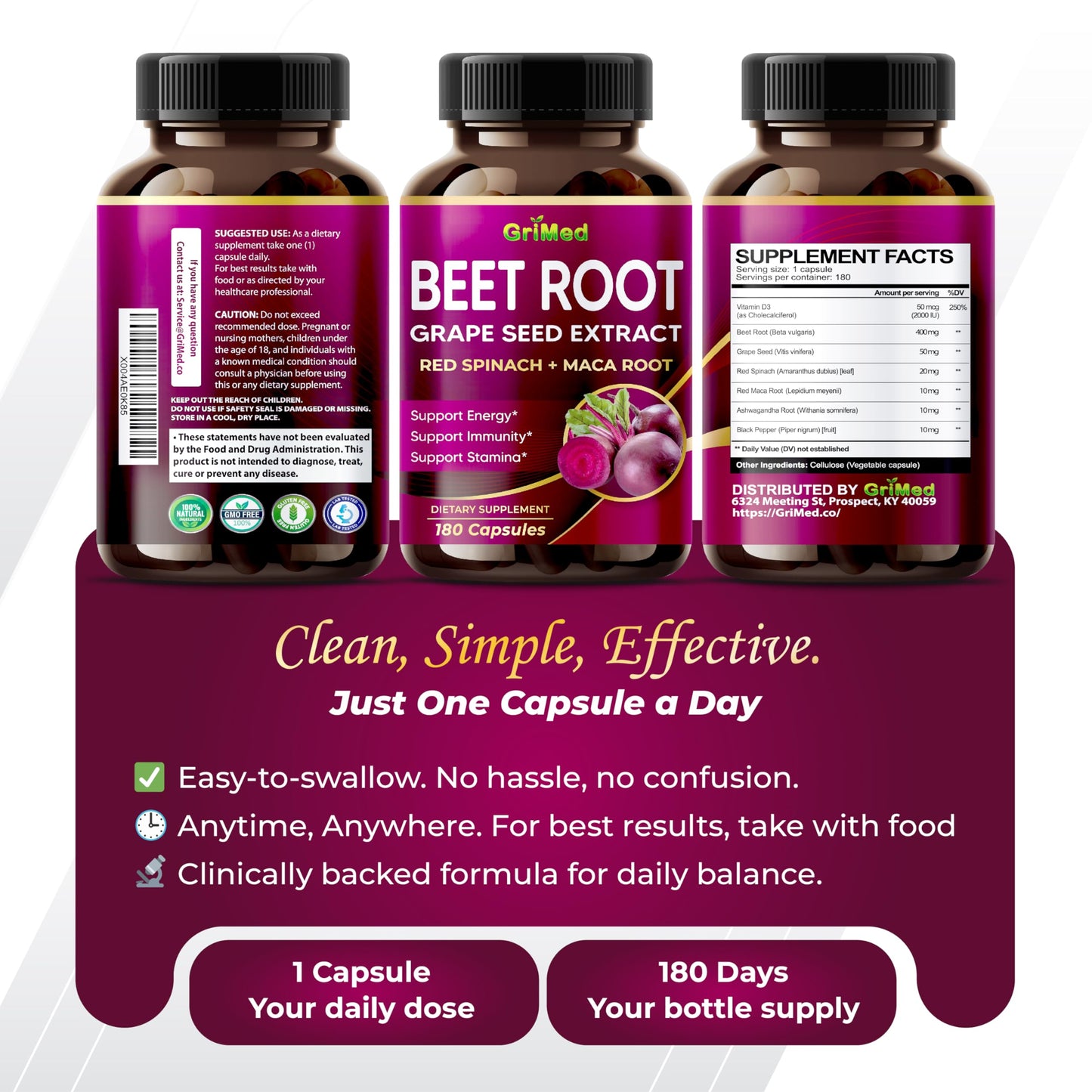 GriMed Beet Root with Grape Seed Extract, Maca Root, Red Spinach & Ashwagandha – 180 Vegetable Capsules
