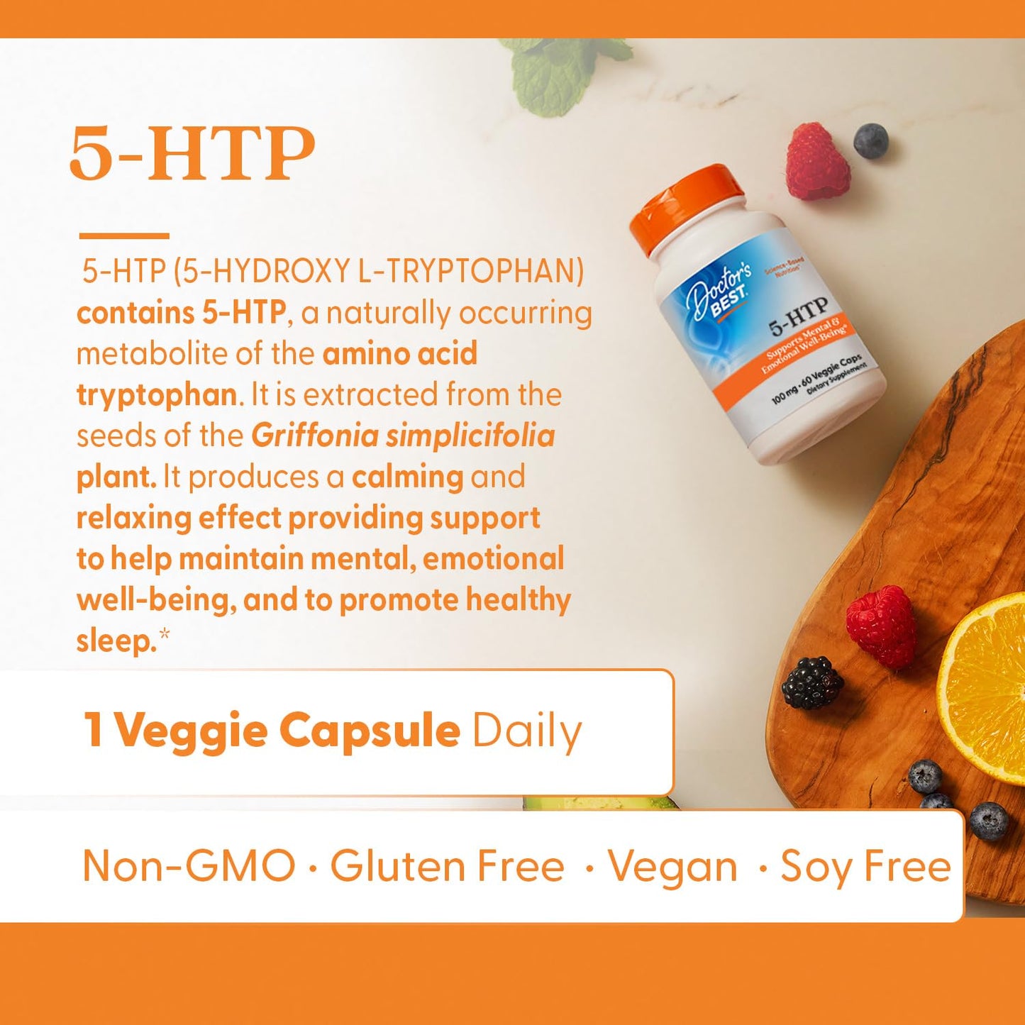 Doctors Best 5-HTP – Supports Mental & Emotional Well-Being | Non-GMO, Gluten Free, Soy Free, Vegan | 60 Veggie Caps