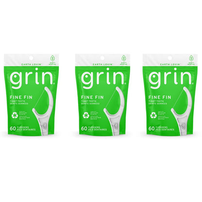 GRIN Dental Floss – 3 Packs of 60 (Fine Fin) for Tight Teeth | Minty Fresh