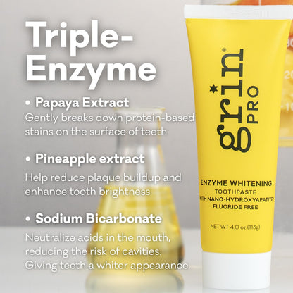 Grin Pro Enzyme Whitening Toothpaste | Nano-Hydroxyapatite, Fluoride Free, SLS Free, Peppermint – 4 oz
