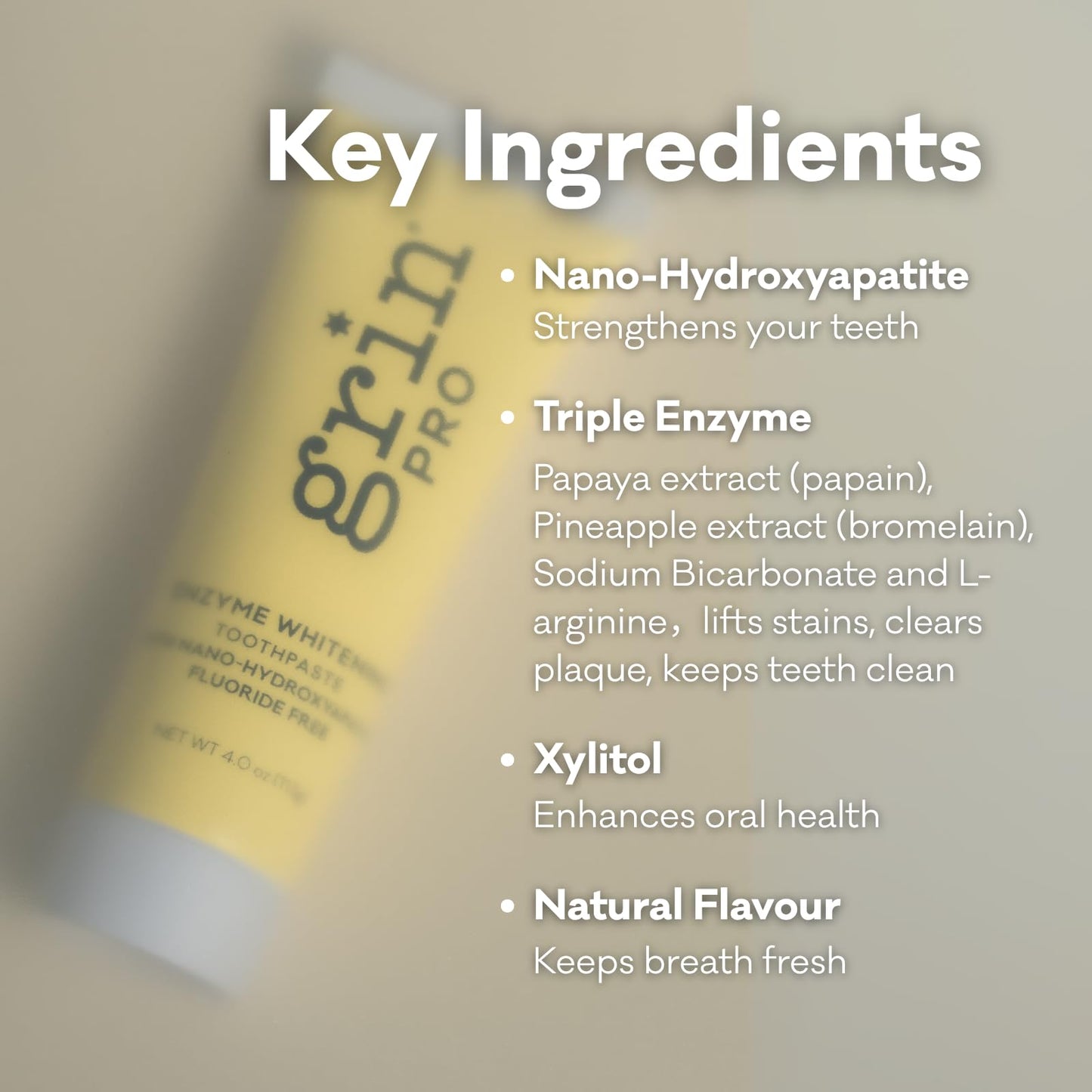 Grin Pro Enzyme Whitening Toothpaste | Nano-Hydroxyapatite, Fluoride Free, SLS Free, Peppermint – 4 oz