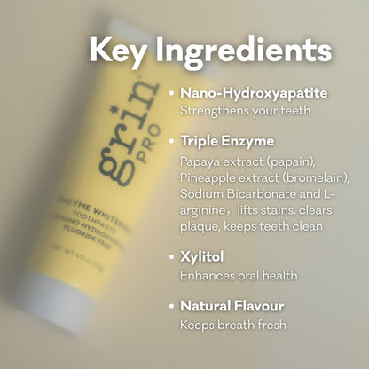 Grin Pro Enzyme Whitening Toothpaste | Nano-Hydroxyapatite, Fluoride Free, SLS Free, Peppermint – 4 oz