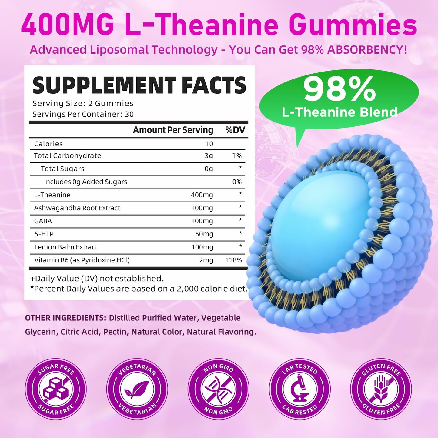 GrnLife L-Theanine Gummies – 400mg with GABA, Ashwagandha, 5HTP, Raspberry, 60 Count