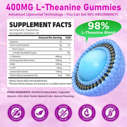 GrnLife L-Theanine Gummies – 400mg with GABA, Ashwagandha, 5HTP, Raspberry, 60 Count