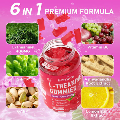 GrnLife L-Theanine Gummies – 400mg with GABA, Ashwagandha, 5HTP, Raspberry, 60 Count