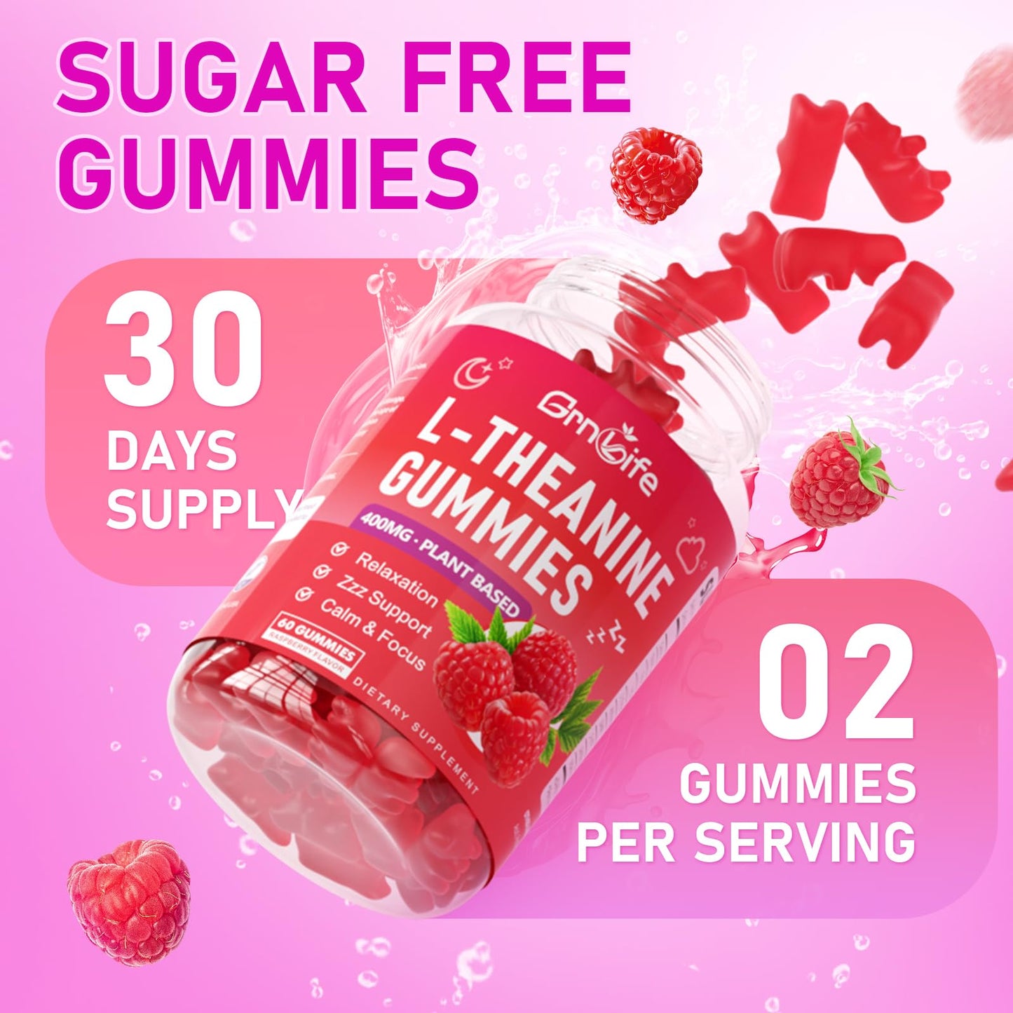 GrnLife L-Theanine Gummies – 400mg with GABA, Ashwagandha, 5HTP, Raspberry, 60 Count