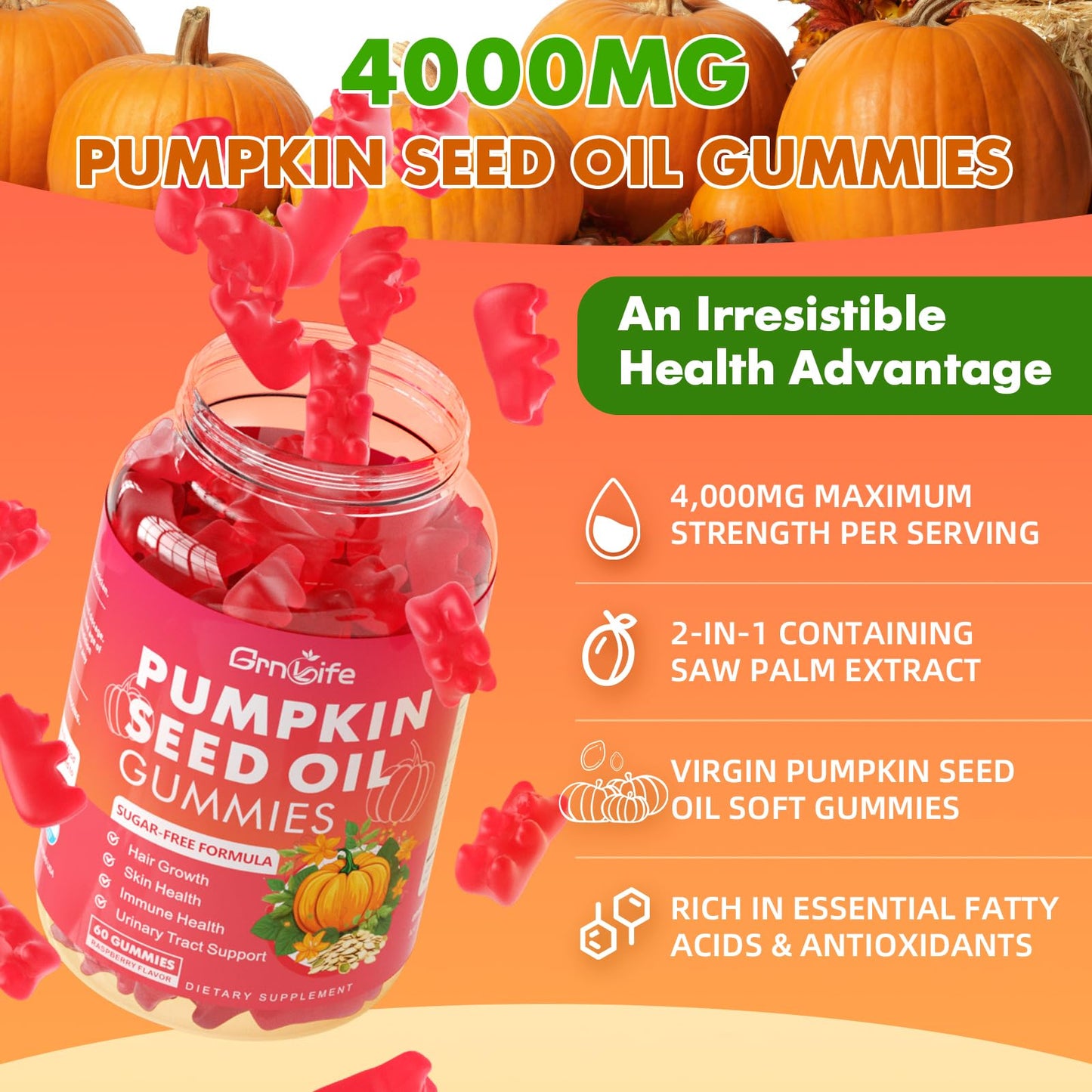 GrnLife Pumpkin Seed Oil Gummies with Saw Palmetto - 2 Pack, Raspberry, 120 Count