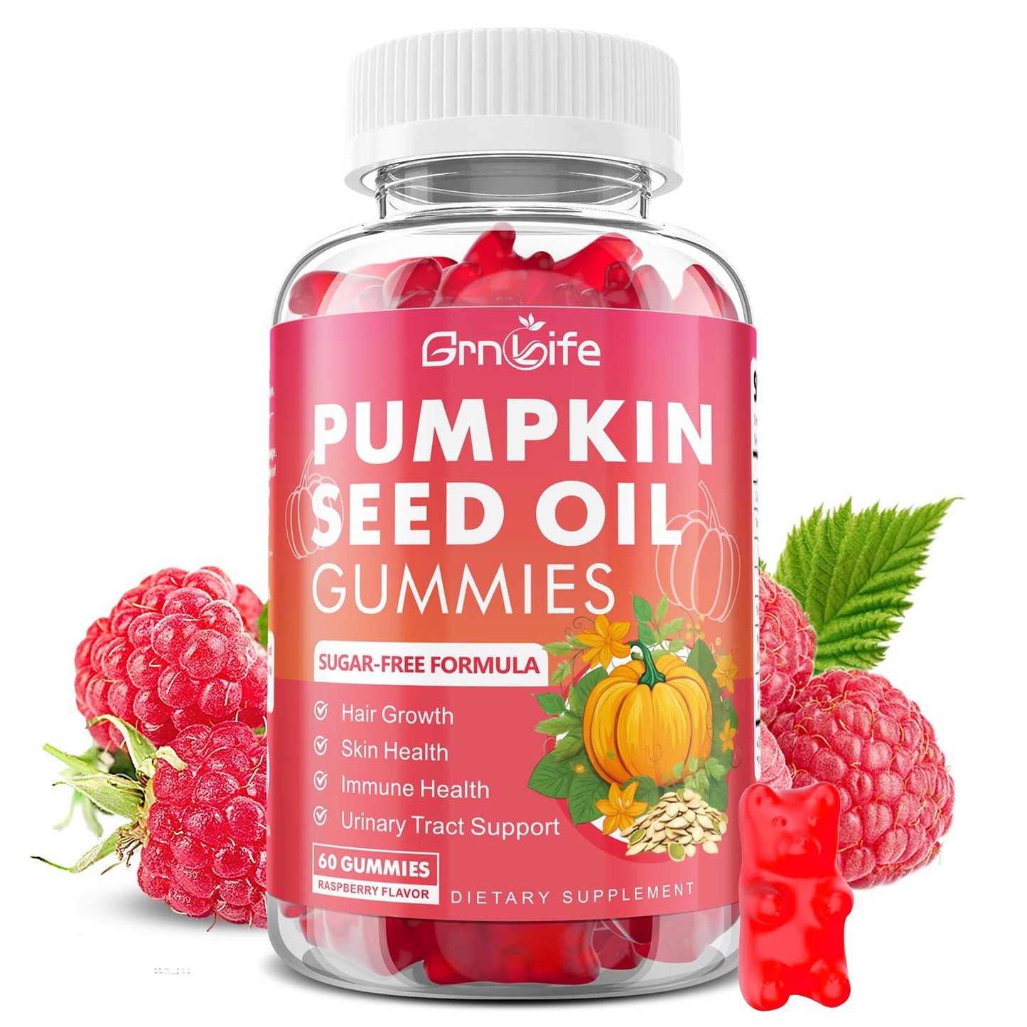 GrnLife Pumpkin Seed Oil Gummies with Saw Palmetto – Hair Growth & Skin Health (60 Count)