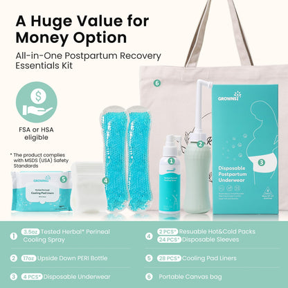 GROWNSY Postpartum Essentials Recovery Kit for Labor & Delivery | Peri Bottle, Perineal Spray & More