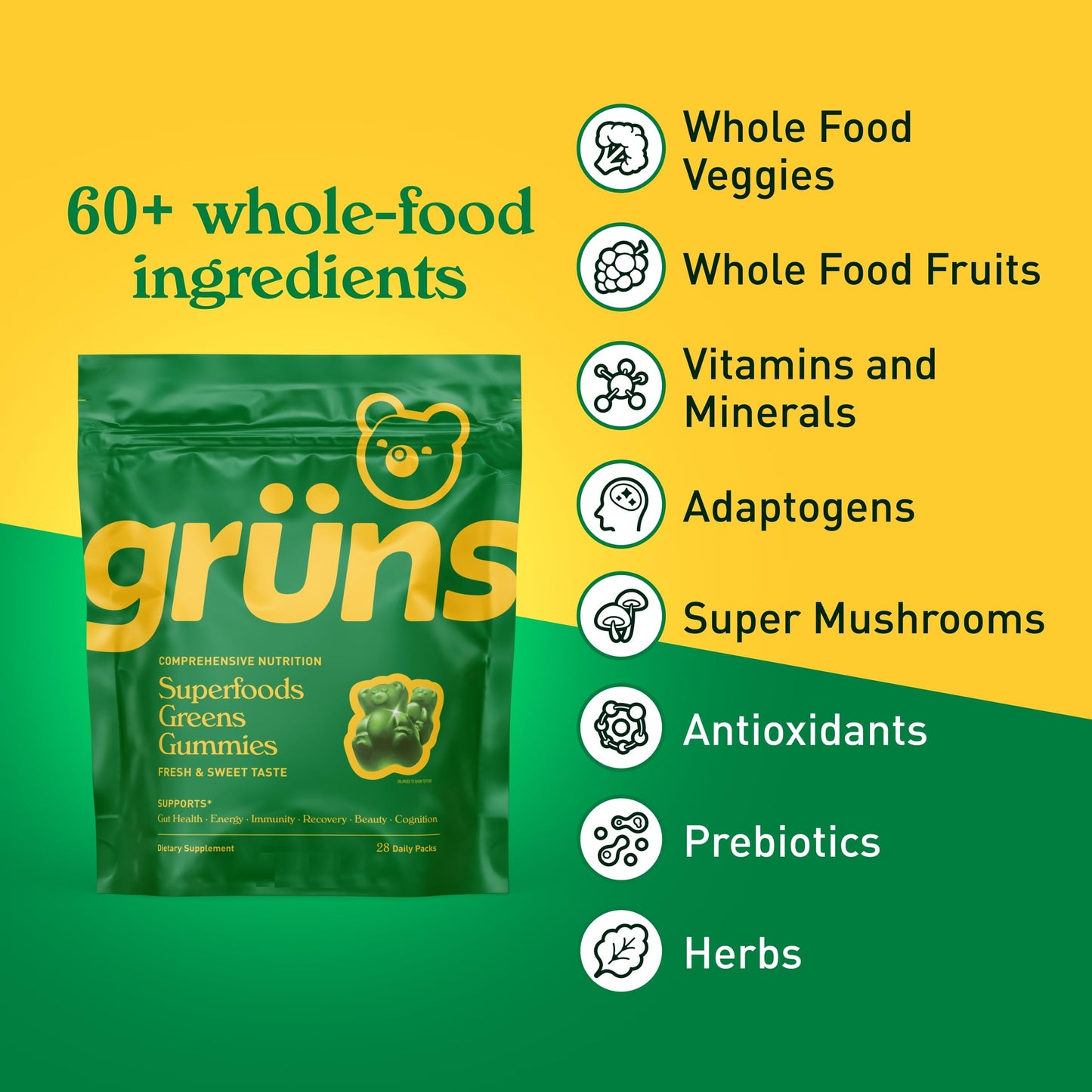 Grüns Adults Super Greens Gummies – Multivitamin, Digestive Health, Adaptogens